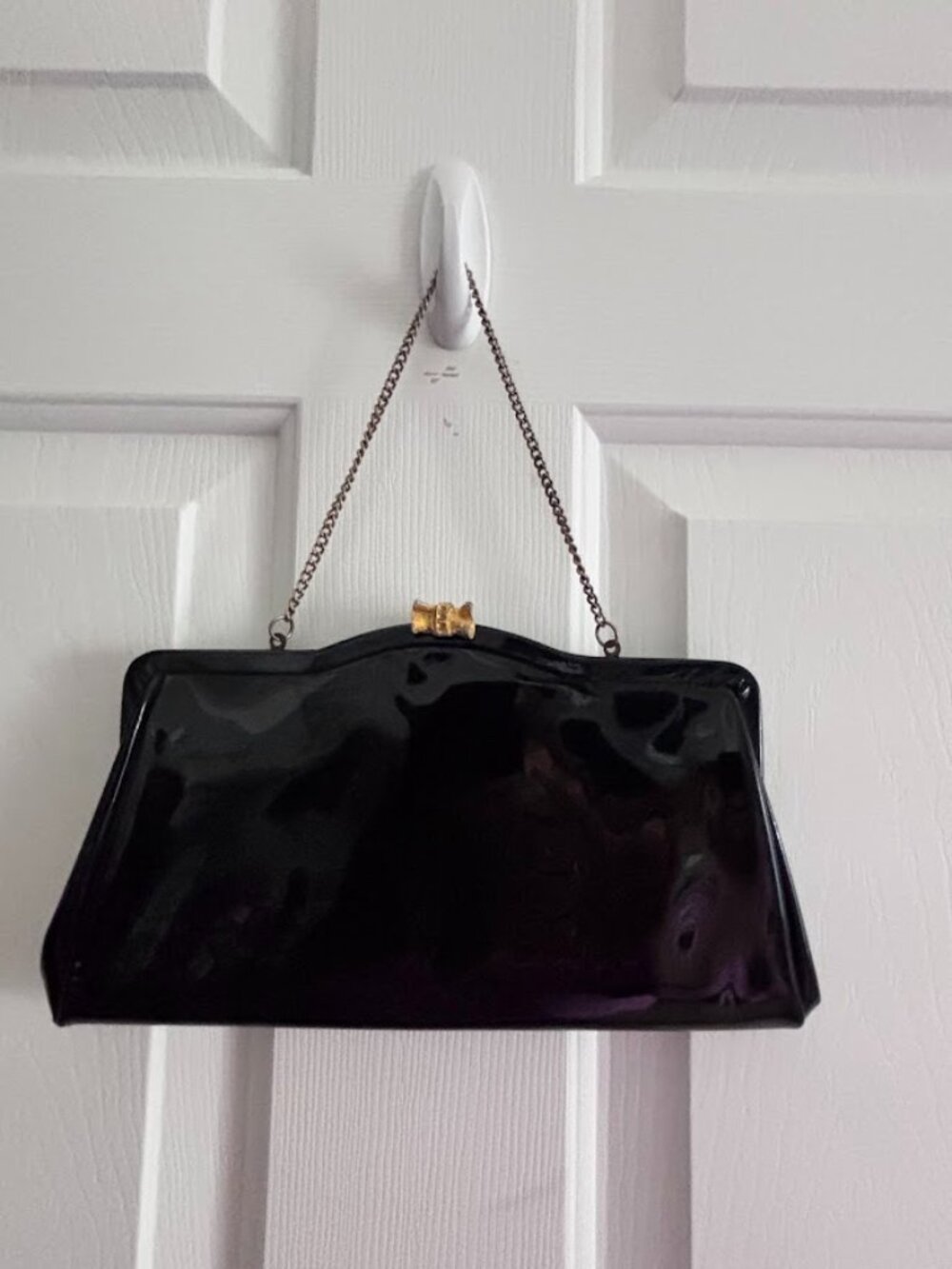 Vintage Black Patent Leather Clutch Bag Evening Purse w/ Gold Chain & Bow Clasp